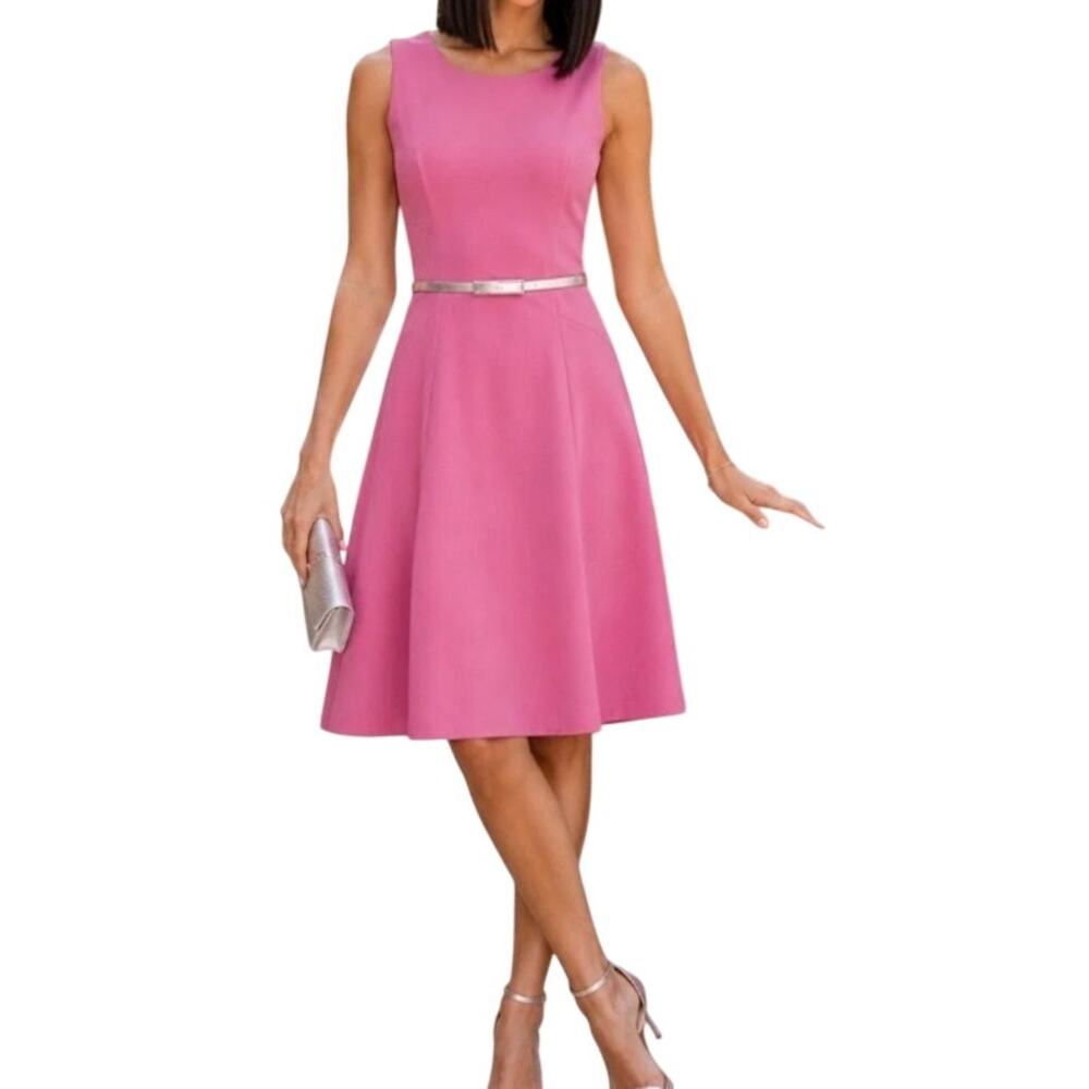 White House Black Market Pink Fit & Flare Dress Silver Belt Size 10